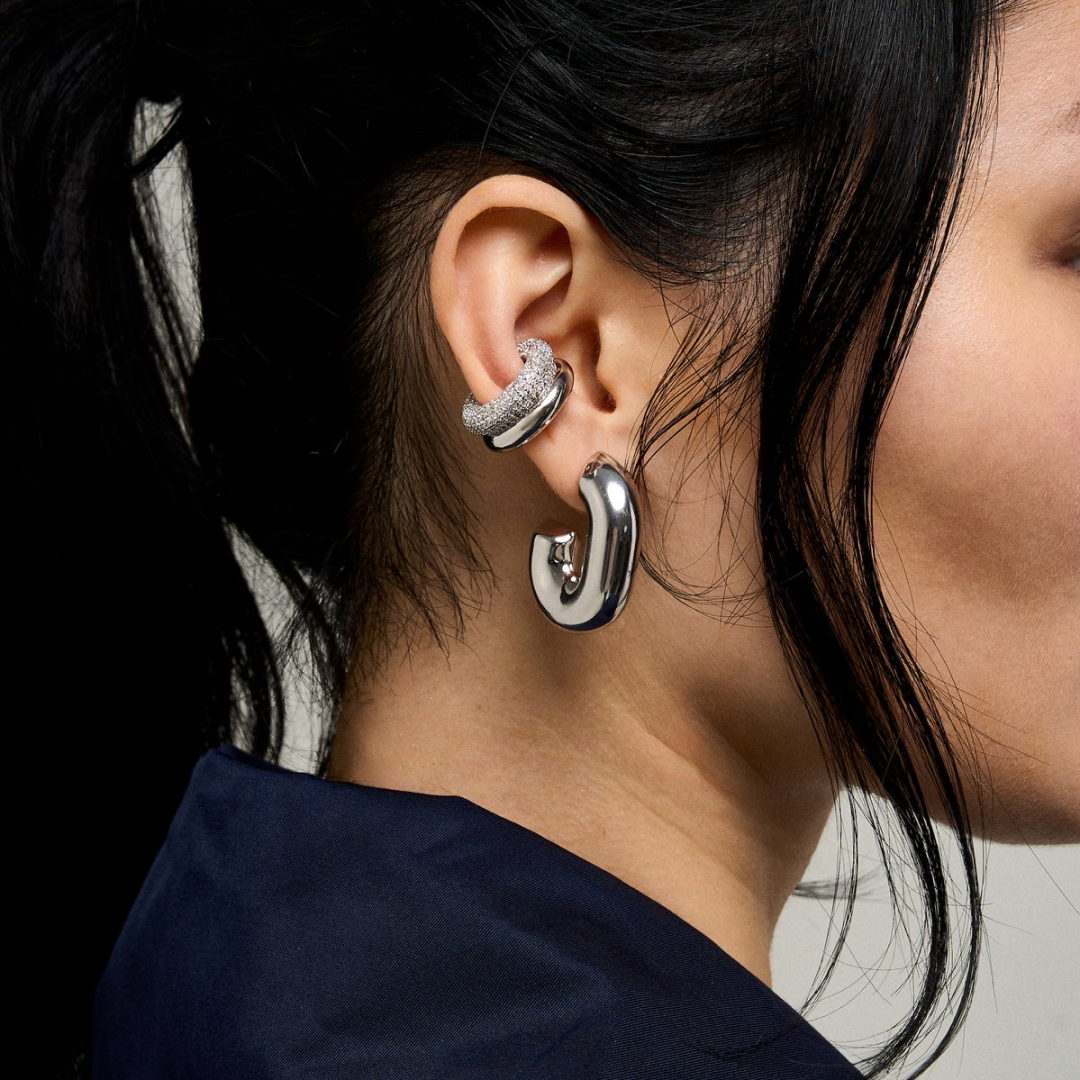 Rhodium Silver Pave Double Hoop Ear Cuff