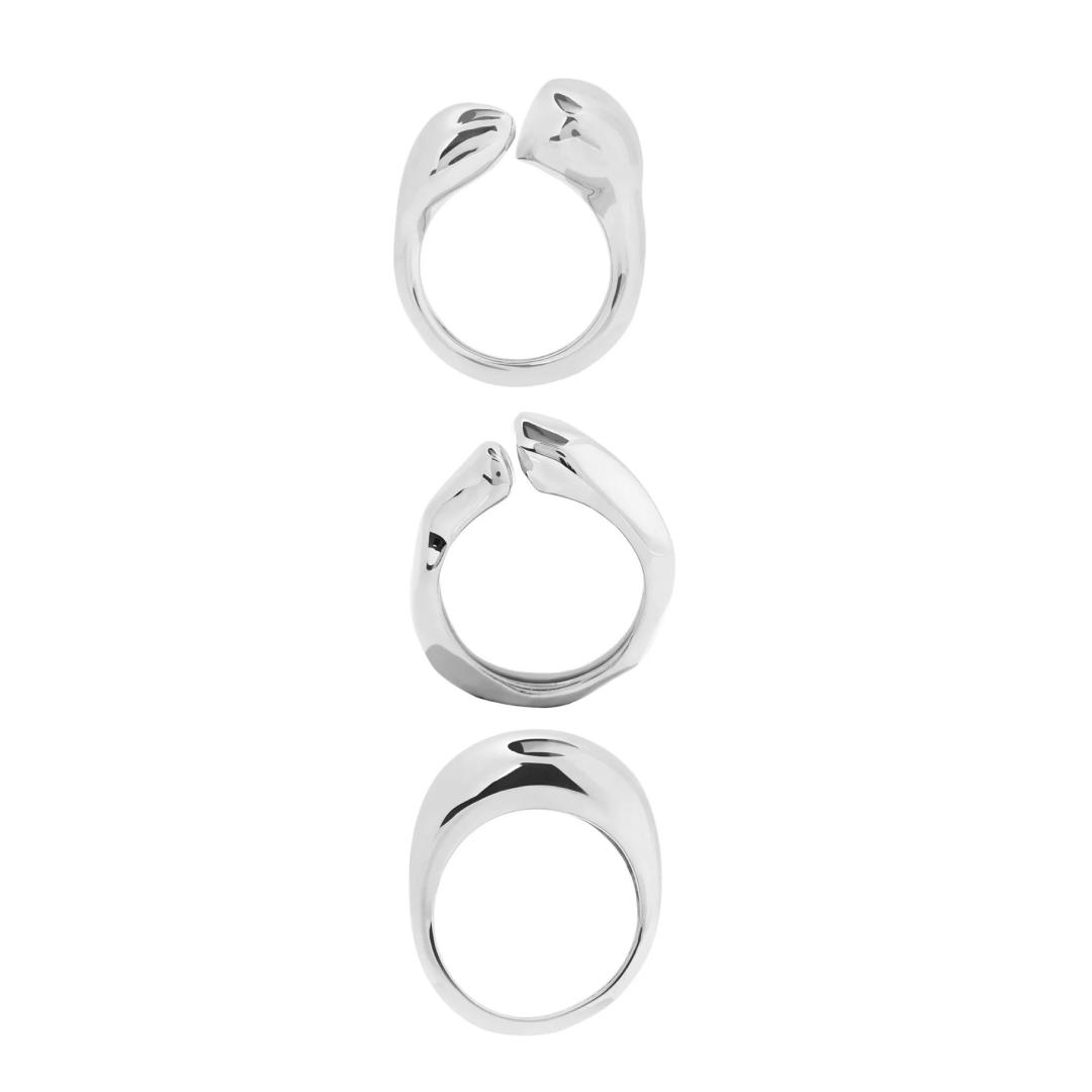 Rhodium Silver Pebble Stackable Ring Set