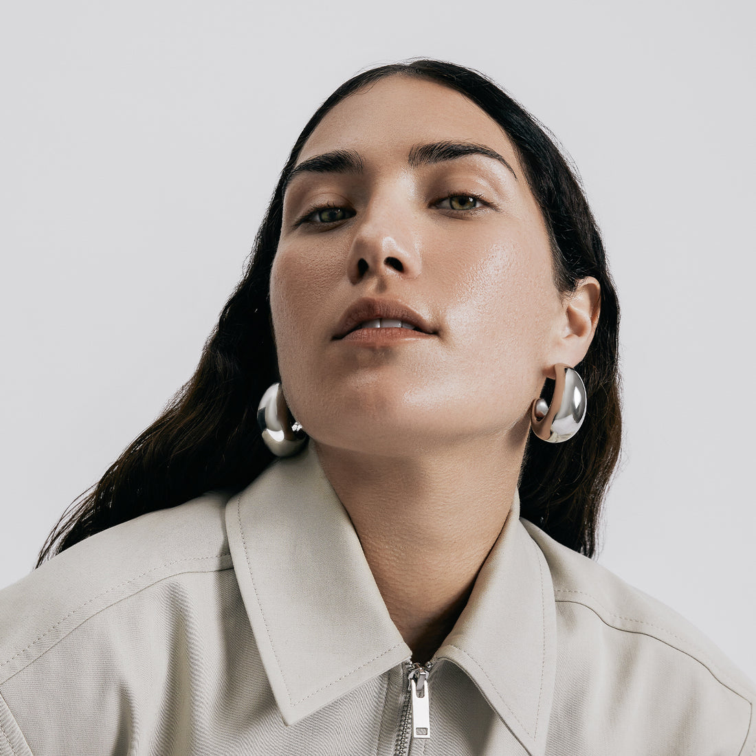 Rhodium Silver Chunky Tsuki Hoop Earrings