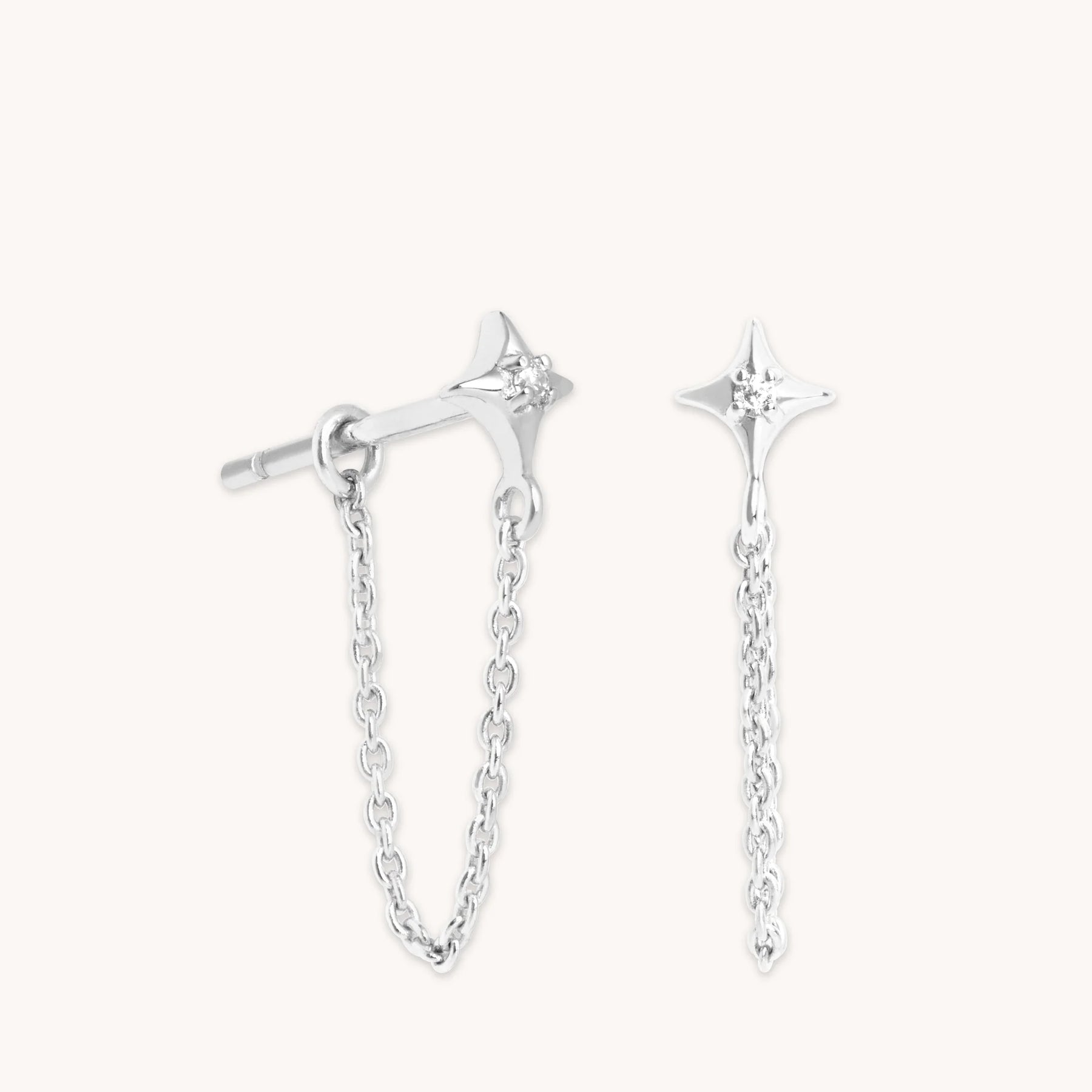 Rhodium Silver Cosmic Star Chain Stud Earrings