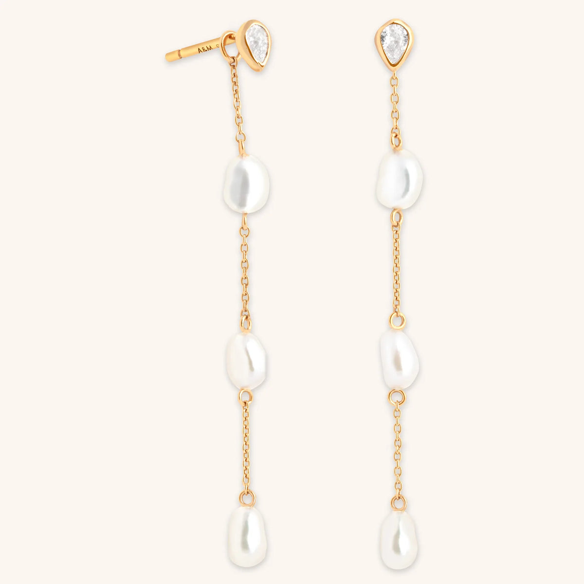 18K Gold Plated Pearl Chain Drop Studs