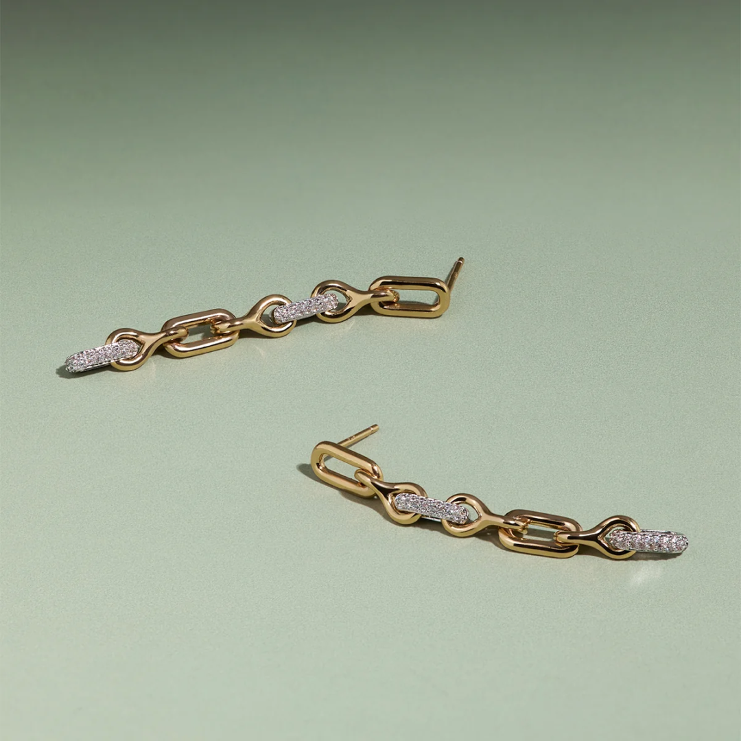 Pavé Chain Link Drop Studs in Gold