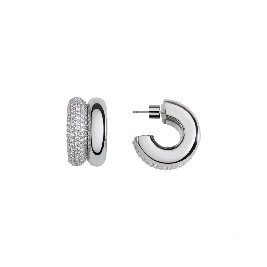 Rhodium Silver Pave Double Hoop Earrings