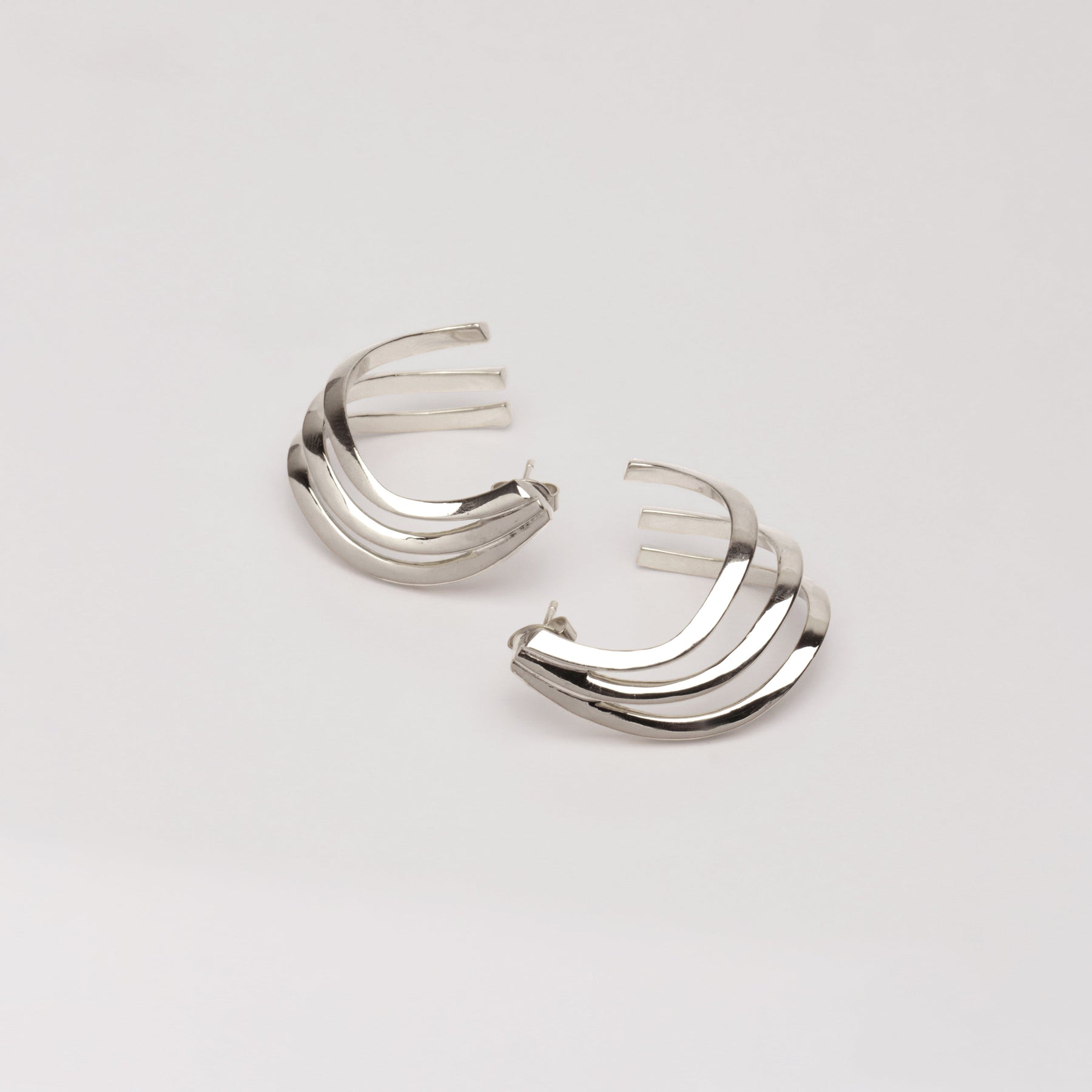 Rhodium Silver Sculpted Tri-Hoop Earrings