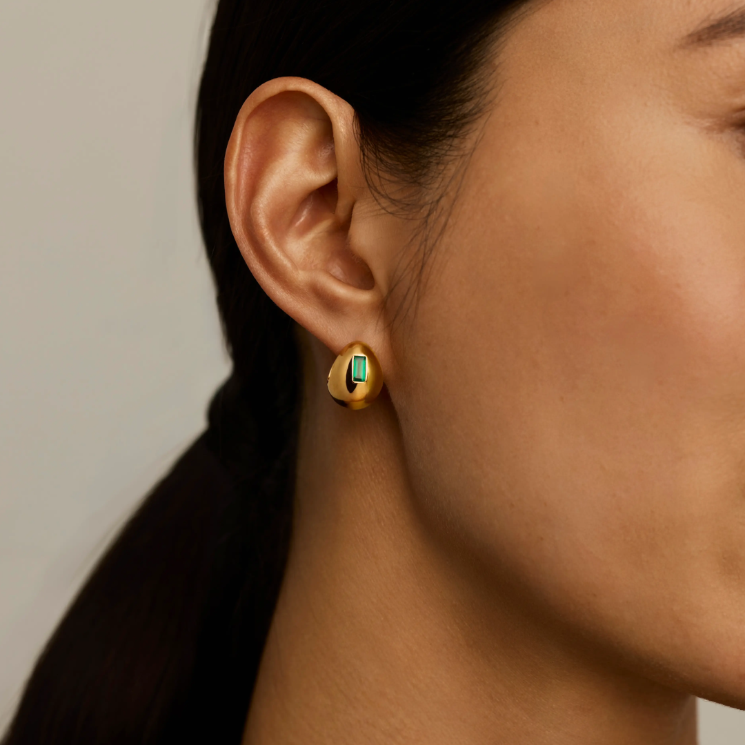 Molten Gemstone Emerald Dome Hoop Earrings