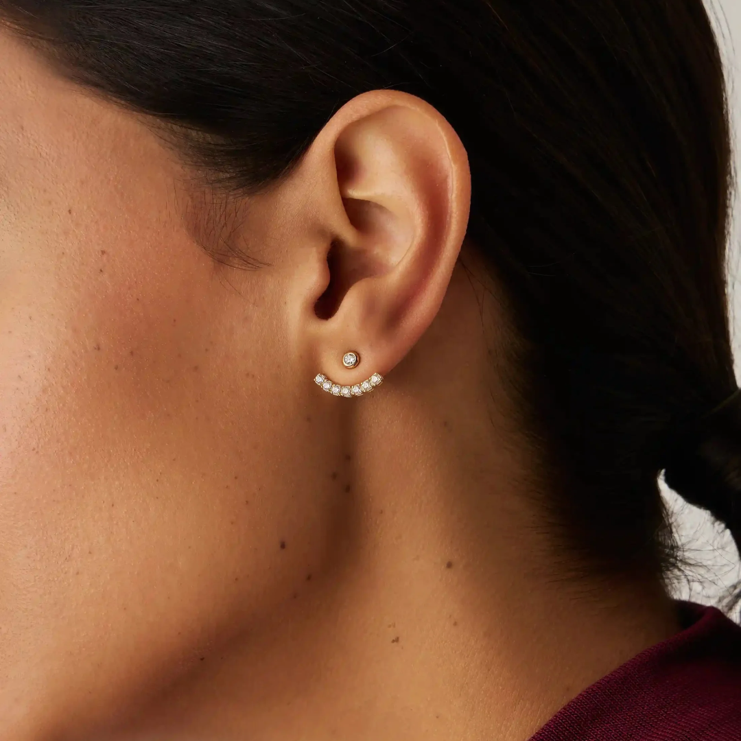 18K Gold Tennis Ear Jacket Stud Earrings