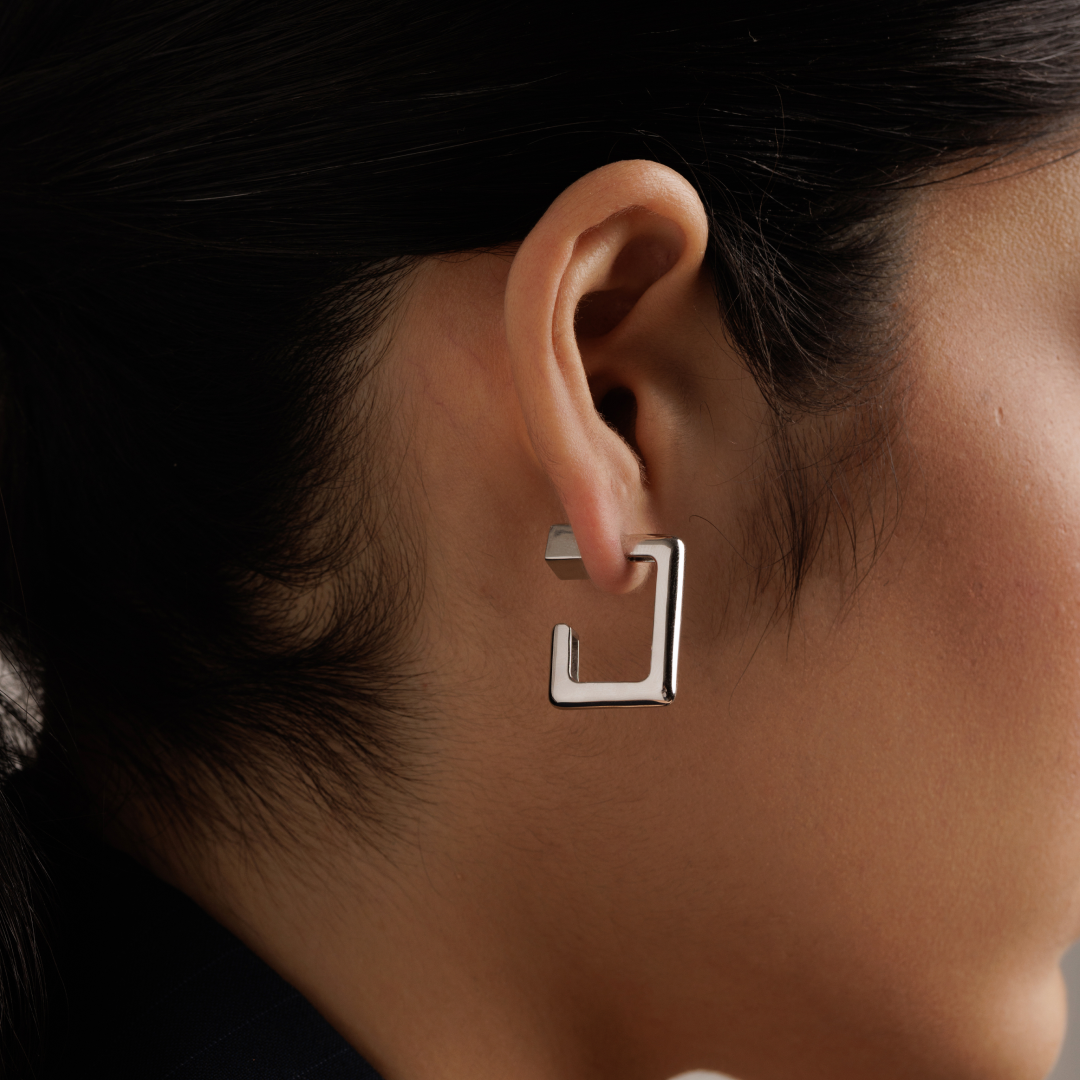 Rhodium Silver Square Hoop Earrings