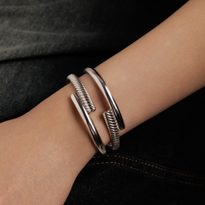 Rhodium Silver Ridged Double Layer Bracelet