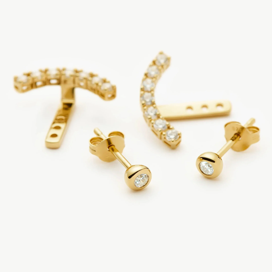 18K Gold Tennis Ear Jacket Stud Earrings