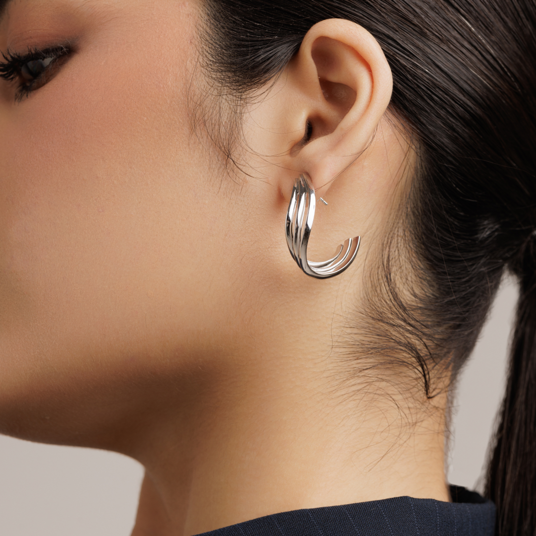 Rhodium Silver Sculpted Tri-Hoop Earrings