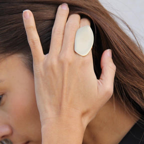 Model wearing and depicting exact size and appearance of 18K Gold Plated Top Flat Statement Ring - Tanzire