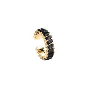 Exotic gold plated easy click ear cuff for women studded with black glass crystals handmade from copper