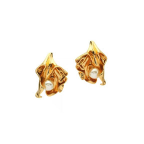 Shiny unblemished pearl enclosed within gold plated chunky earrings handmade from brass for party wear