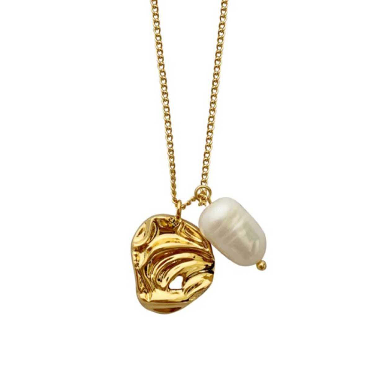 Exquisite gold plated drop necklace with freshwater pearl nestled in a delicate nest handmade from brass for everyday wear