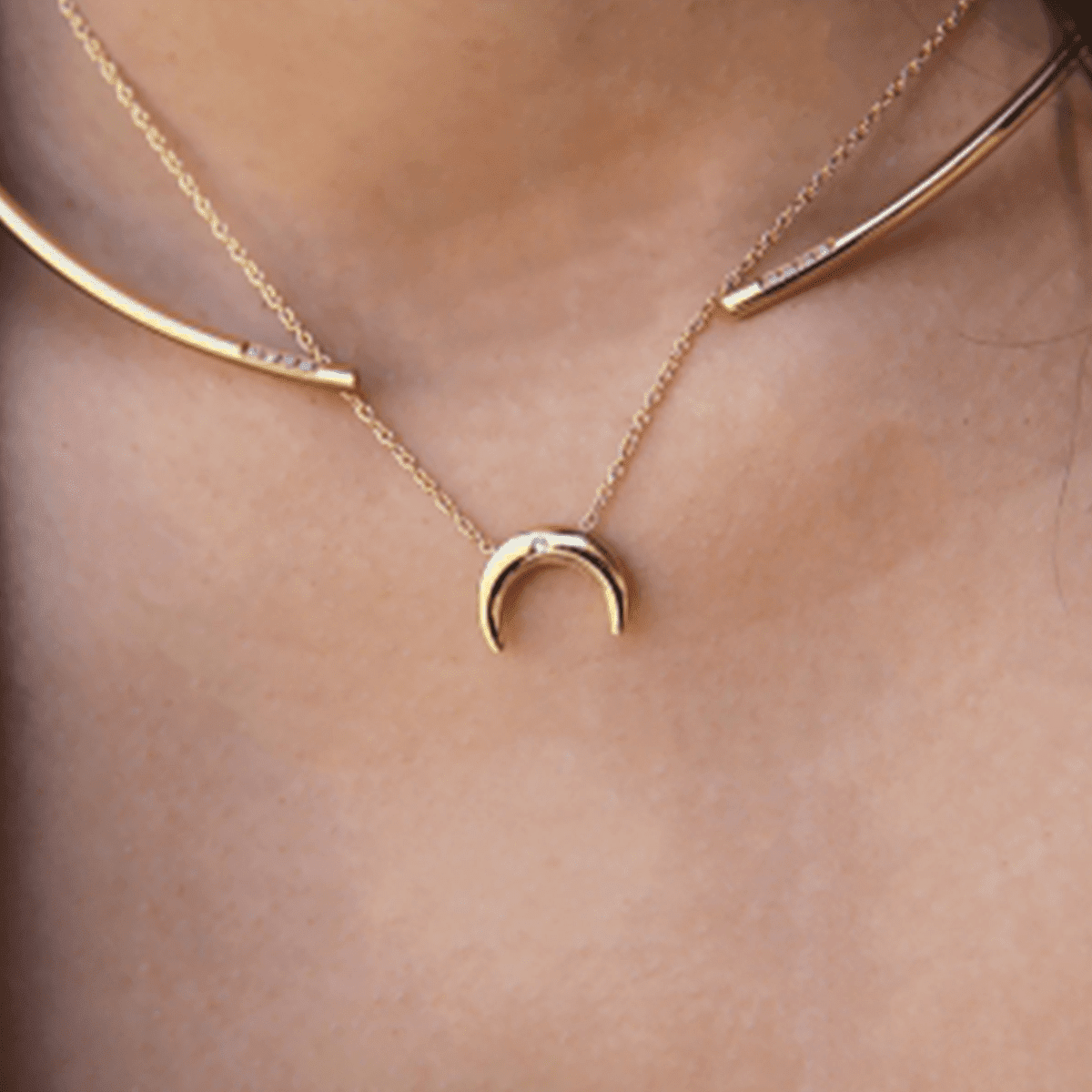 18k gold plated collar necklace and crescent moon pendant layered together - Tanzire