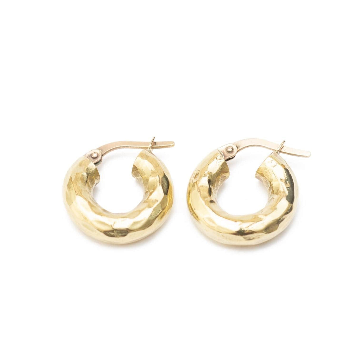 Chunky gold plated small hoop earrings with a 9ct gold latch handmade from brass for everyday wear