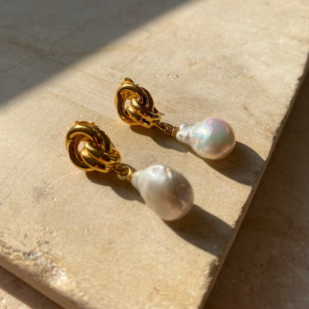 Chunky Gold Knot Baroque Pearl Earrings