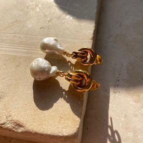 Chunky Gold Knot Baroque Pearl Earrings