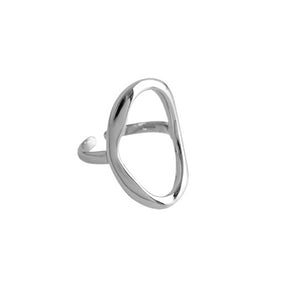 Everyday wear sleek adjustable rhodium silver plated oval ring for women handmade from sterling silver