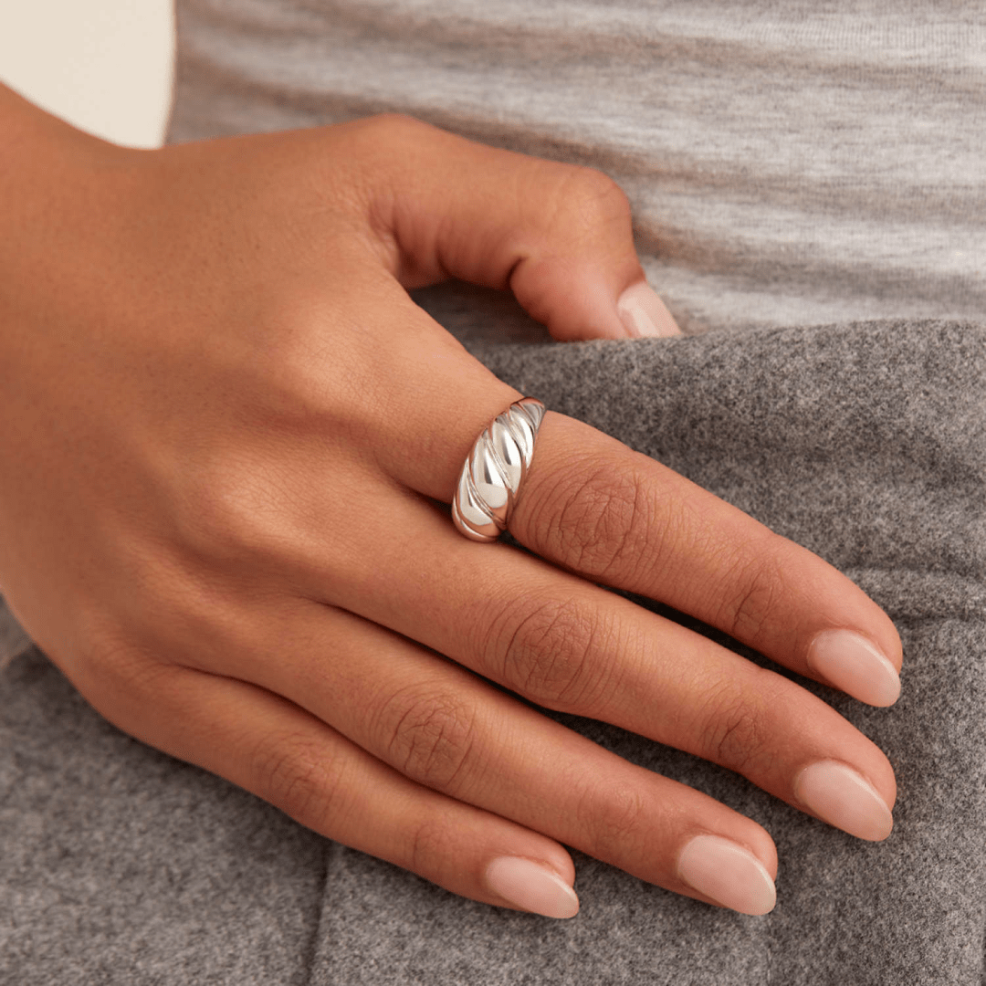 Rhodium SIlver Thin Dome Croissant Ring