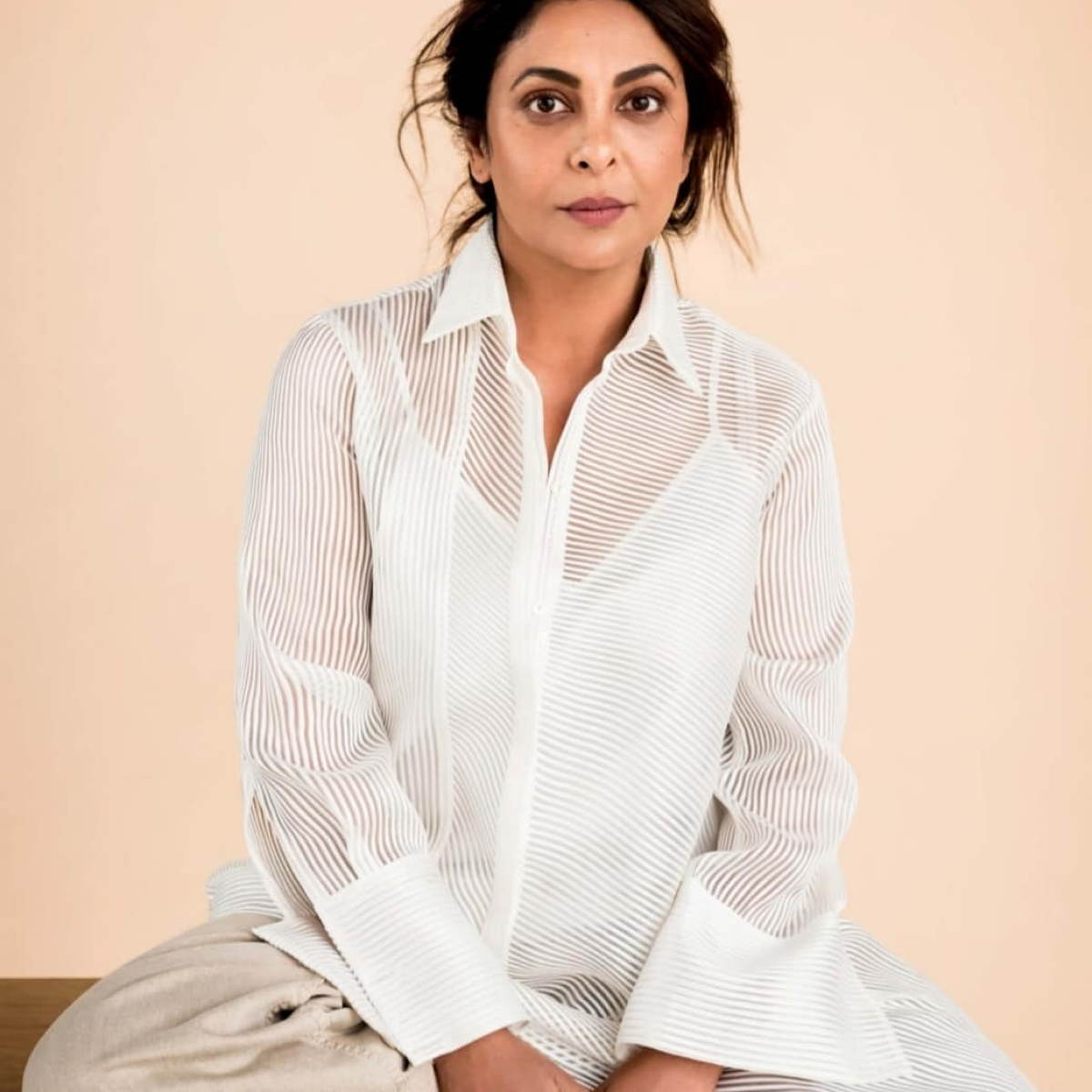 Shefali Shah Posing in Handmade 18k Gold Plated Minimal Dome Ring for Photoshoot