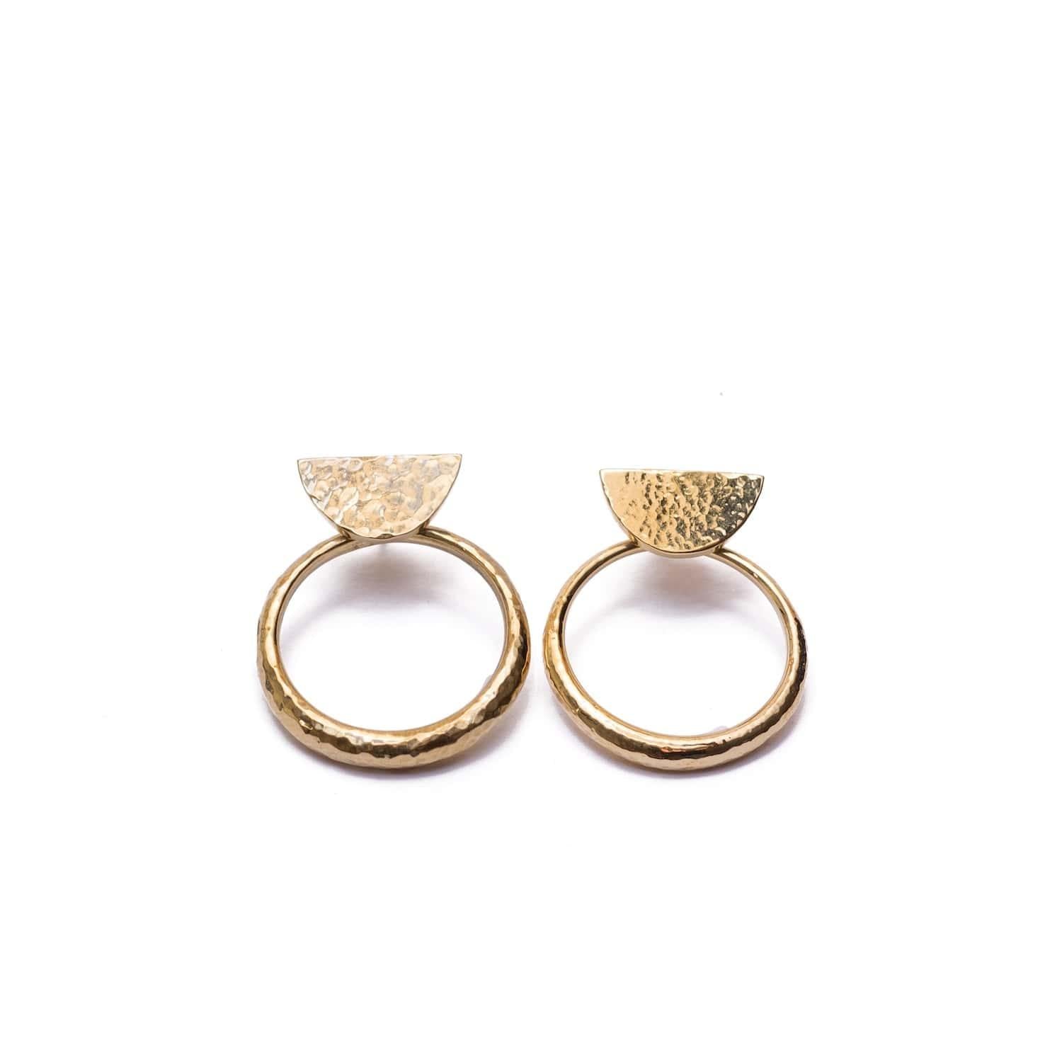 Minimal gold plated hoop earrings with half-moon shaped studs handmade from brass for casual wear