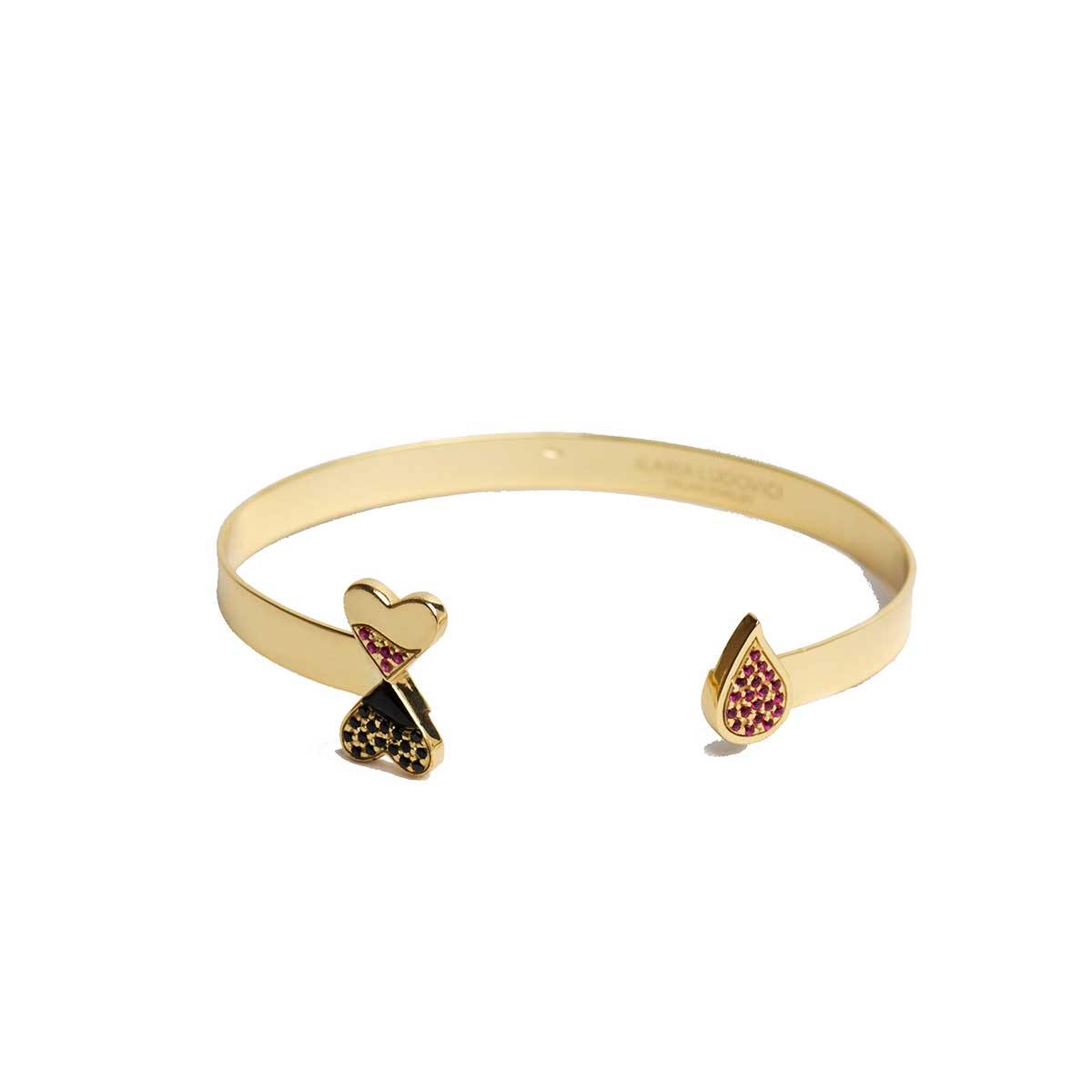 925 Sterling Silver Open Handmade Cuff Bracelet in 18K Gold Plating and Studded Red and Black Cubic Zirconia