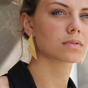 Model wearing 18K Gold Plated Triangular Statement Dangle Earrings for Women